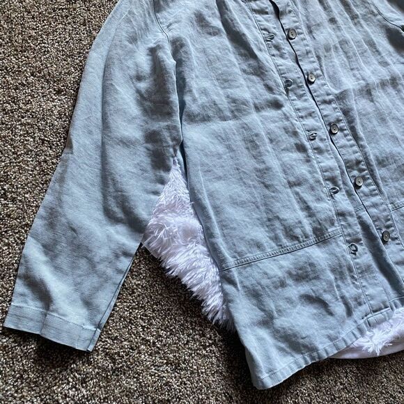 L.L. Bean Linen Button Front Thin Jacket Shacket Blue Womens Size Medium Petite - Picture 3 of 11